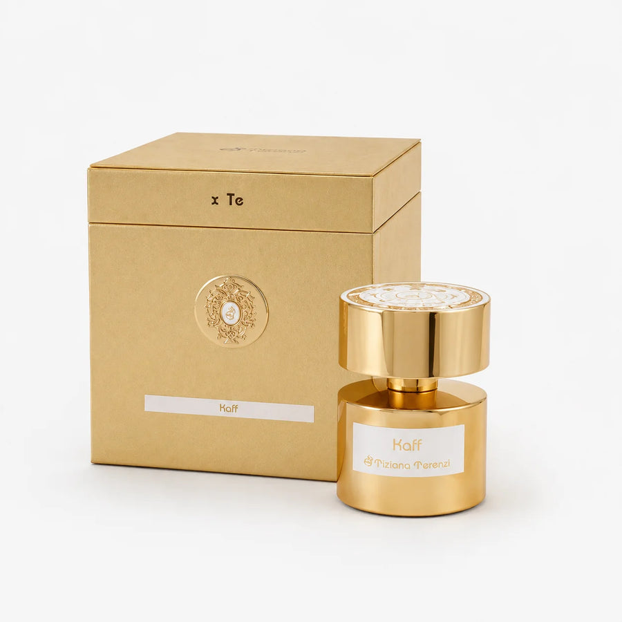 Kaff Extrait de Parfum 100ml – bottle in front of its gold gift box
