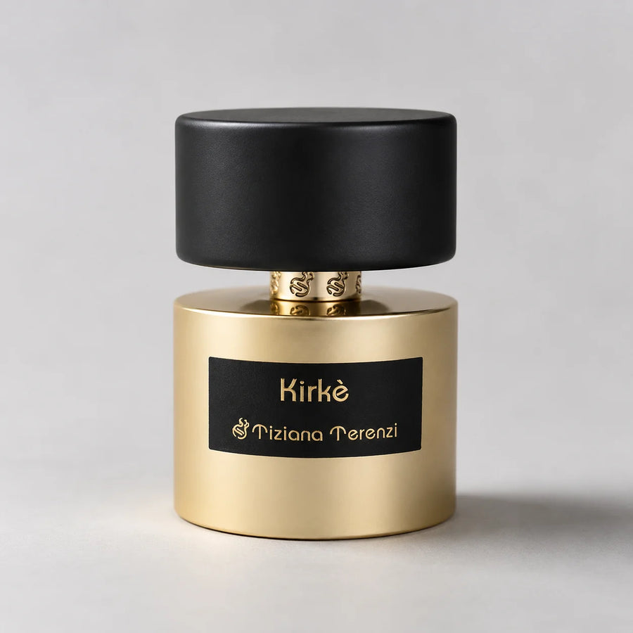 Kirke Extrait de Parfum 100ml – gold bottle with black cap, front view