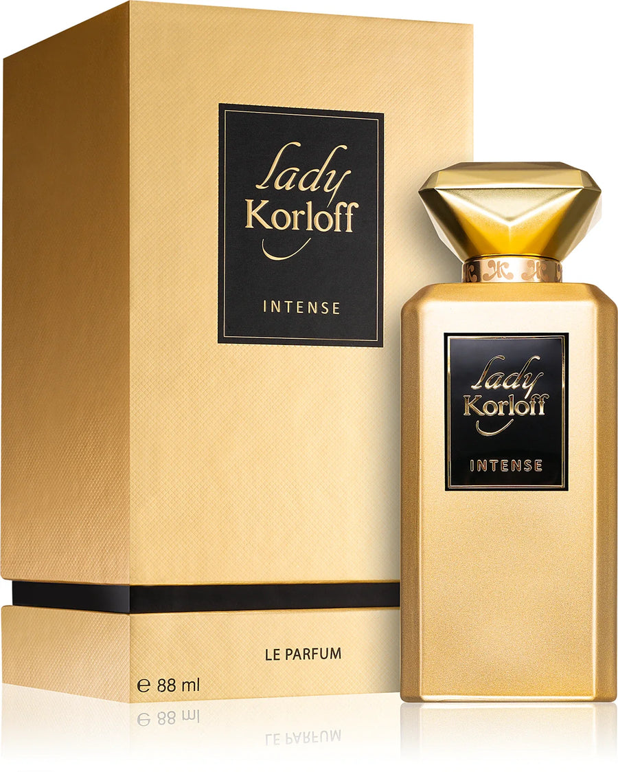 Korloff Lady Intense Eau De Parfum 88ML – bottle beside its gold box