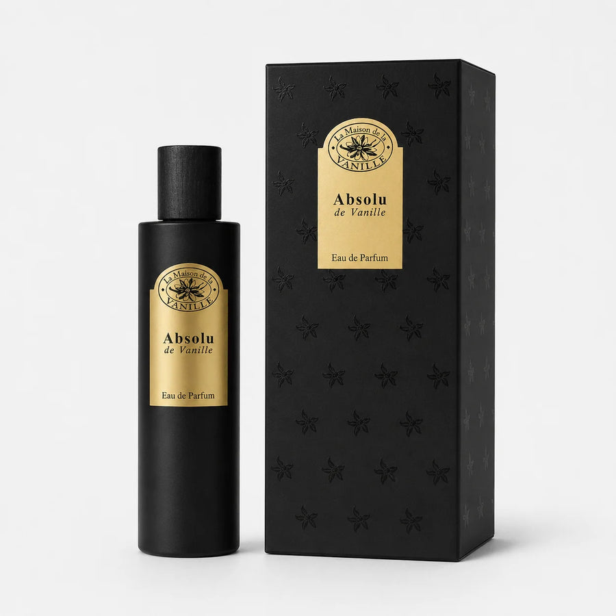 La Maison de la Vanille Absolu de Vanille Eau de Parfum 100ml – bottle beside its black box