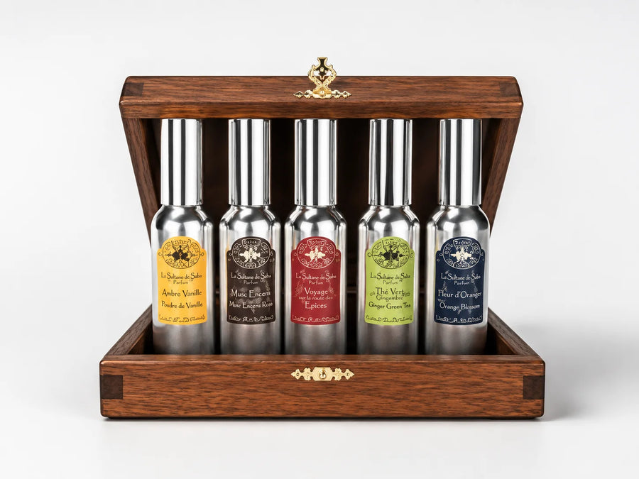 La Maison de la wooden coffret 5X30ML EDT – open wooden case holding five aluminium sprays
