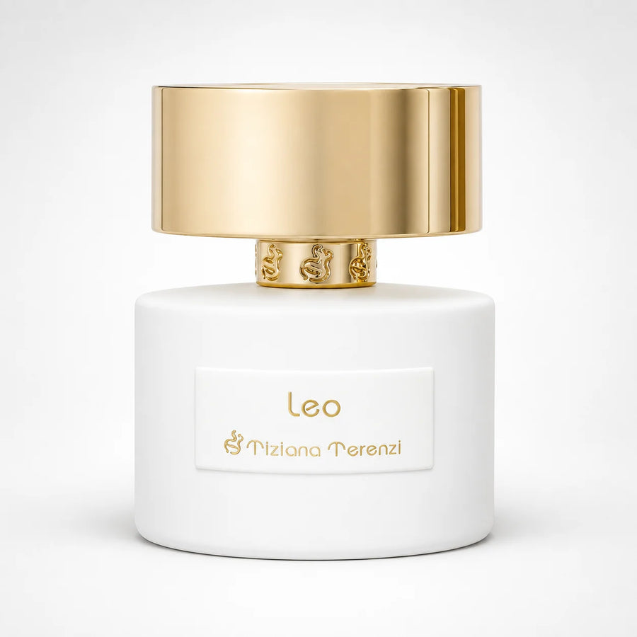 Leo Extrait de Parfum 100ml – white bottle with gold cap, front view