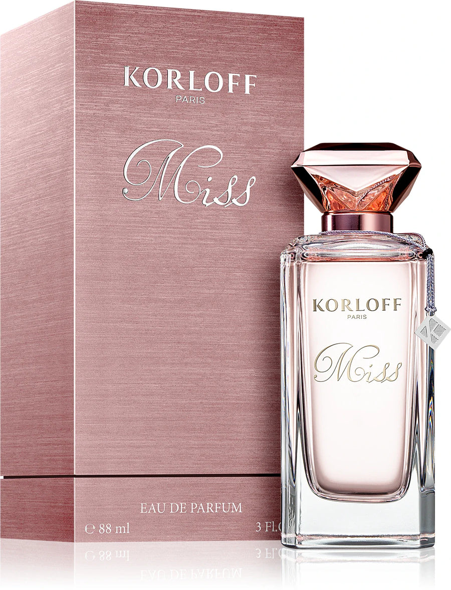 Miss Korloff Eau De Parfum 88ML – bottle beside its pink box