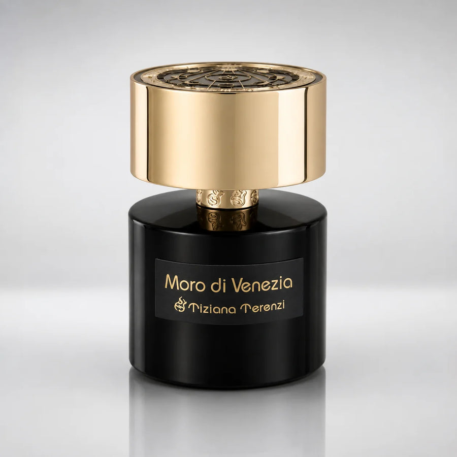 Moro di Venezia Extrait de Parfum 100ml – black bottle with gold cap, front view