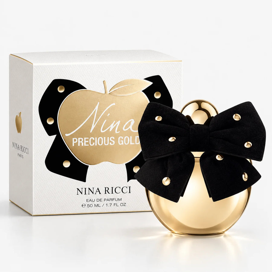Nina Ricci Nina Precious Gold Eau de Parfum 50ml – bottle beside its white and gold box