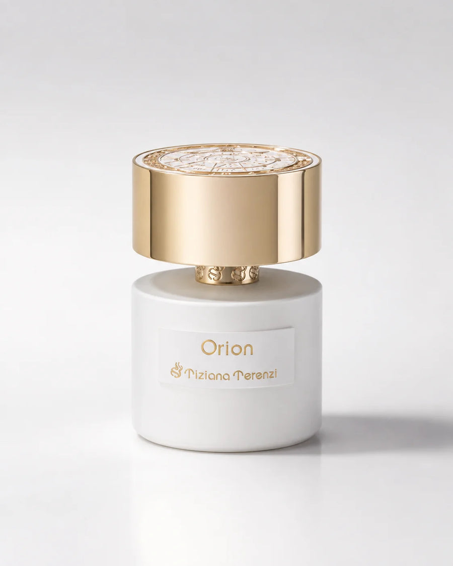 Orion Extrait de Parfum 100ml – white bottle with gold cap, front view
