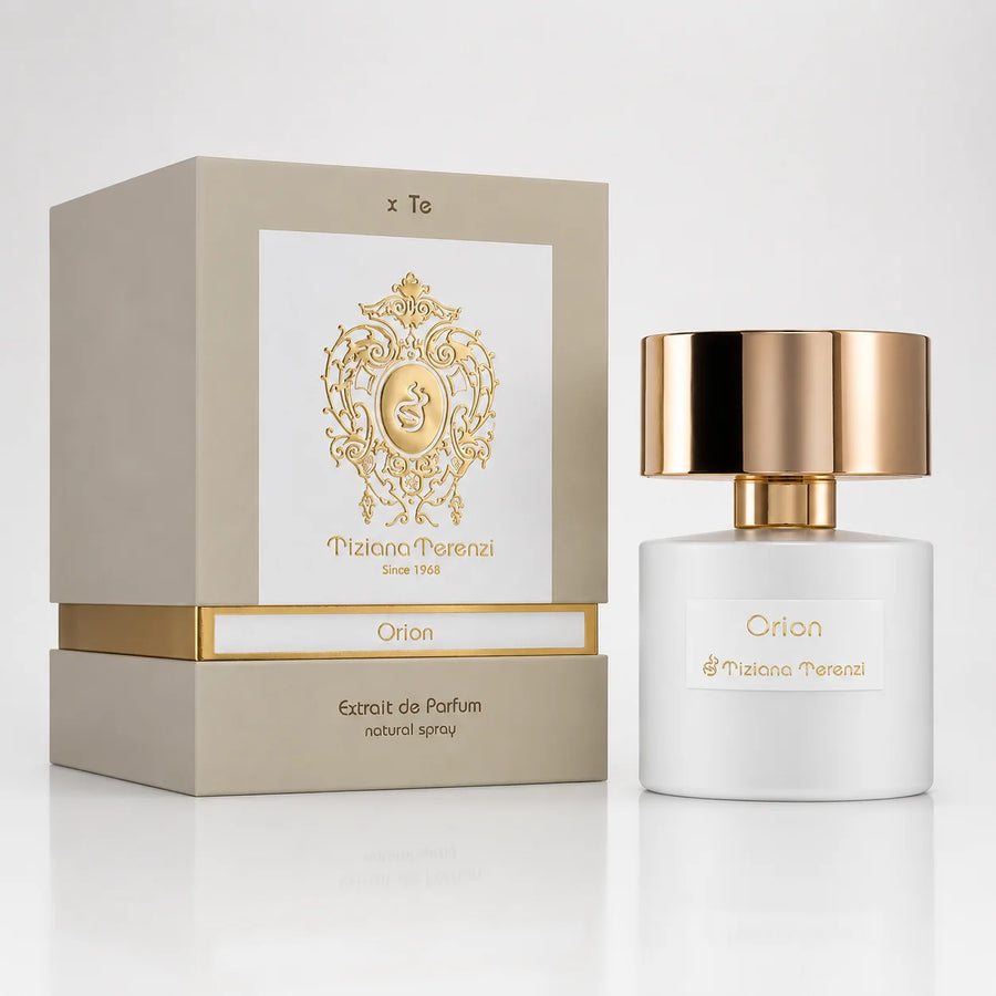 Orion Extrait de Parfum 100ml – bottle beside its grey and white gift box