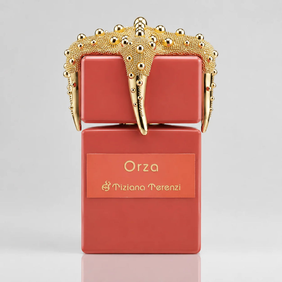 Orza Extrait de Parfum Linea TT 100ml – coral bottle with gold starfish cap, front view