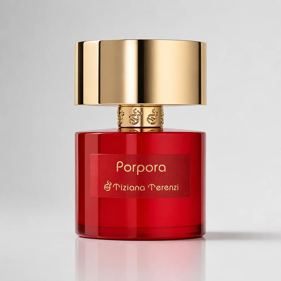 Porpora Extrait de Parfum 100ml – red bottle with gold cap, front view