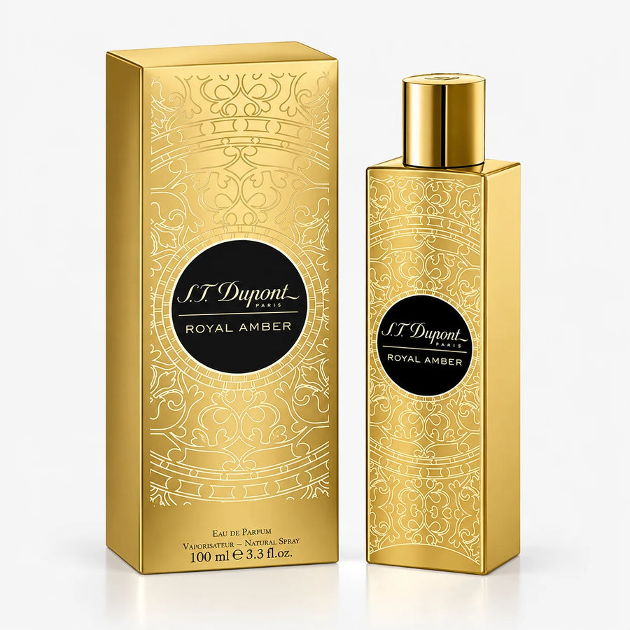 S.T. Dupont Royal Amber Eau de Parfum 100ml – bottle beside its gold 100 ml box