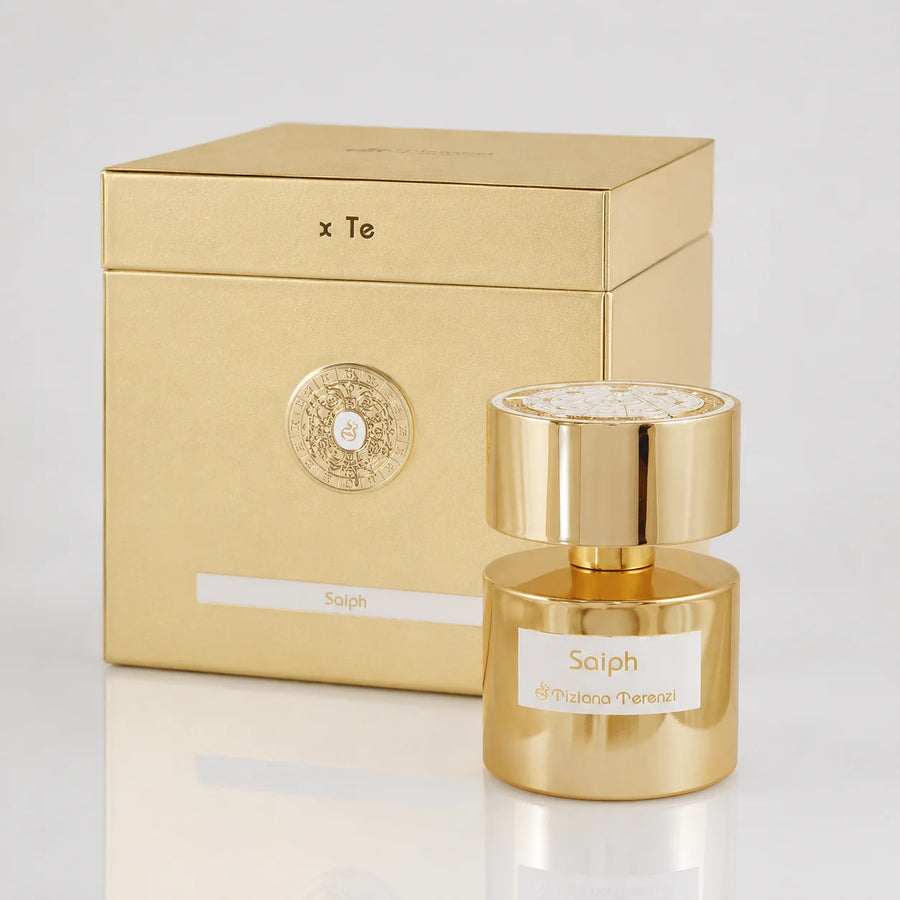 Saiph Extrait de Parfum 100ml – bottle beside its gold gift box