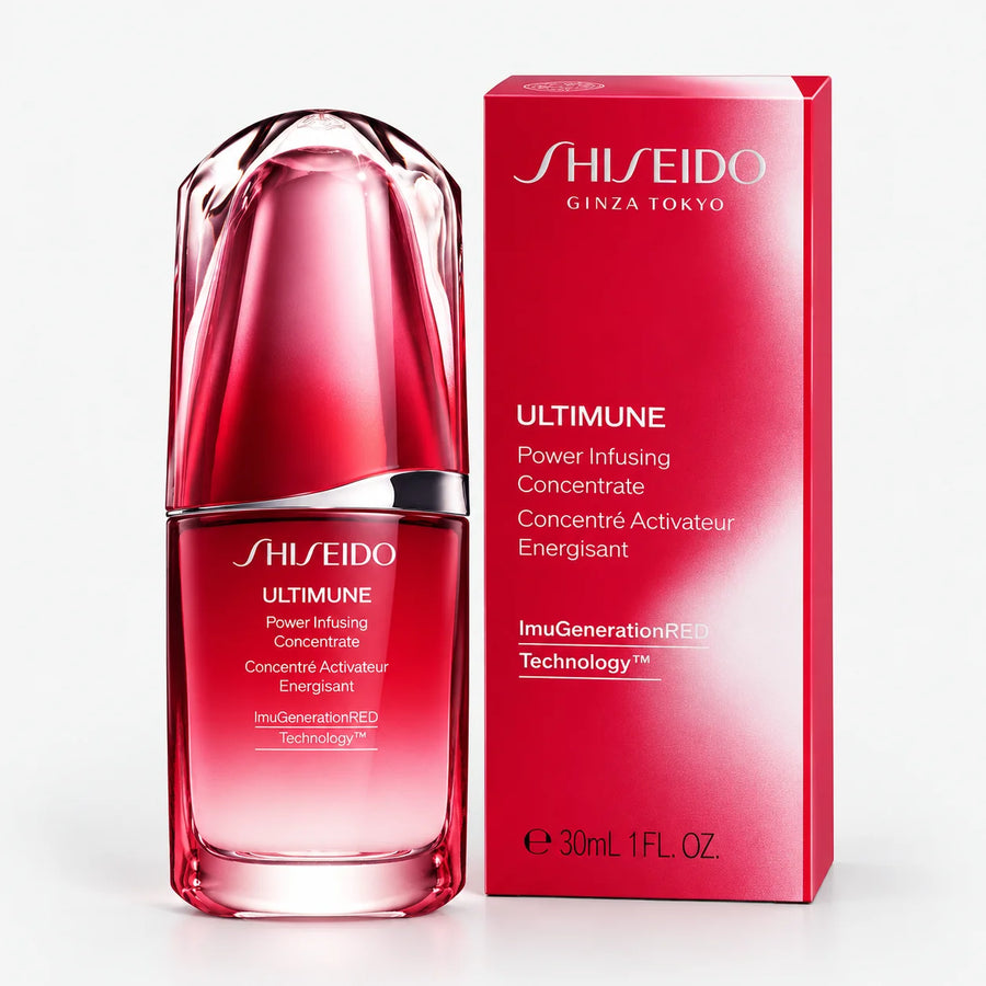 Shiseido Ultimune Power Infusing Concentrate Face Serum 30ml – bottle beside its red box marked 30 ml