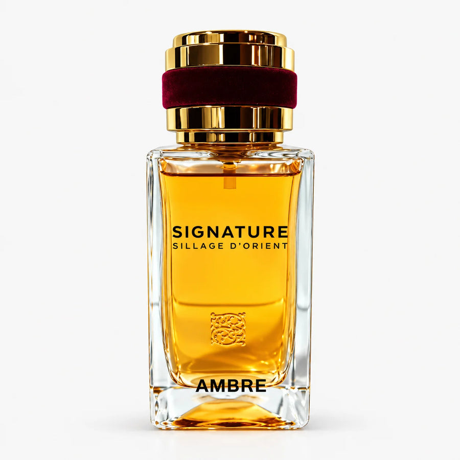 Signature Ambre Eau De Parfum 100ml+15ml+Funnel (UNISEX) – amber glass bottle with burgundy collar, front view