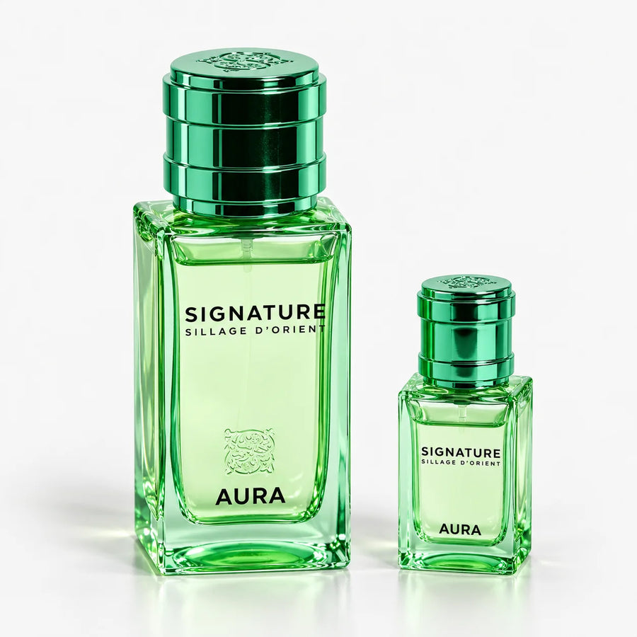 Signature Aura EDP 100ML+15ML Refillable Travel Spray – green 100 ml bottle and 15 ml travel spray, front view
