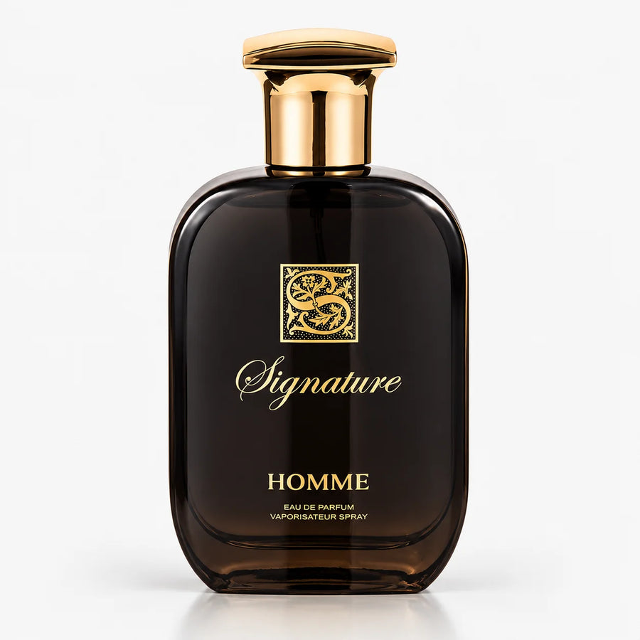 Signature Black Pour Homme 100ml EDP – dark glass bottle with gold cap, front view