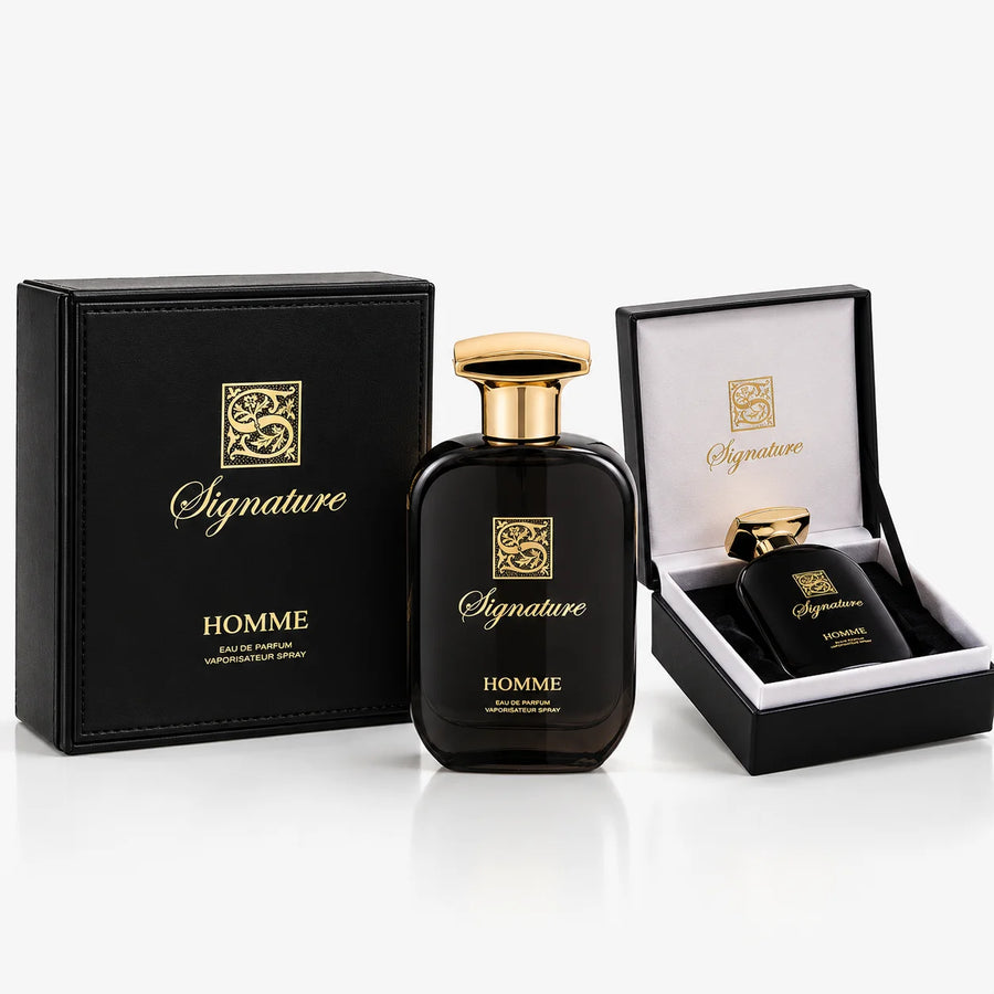 Signature Black Pour Homme 100ml EDP – bottle with its black gift box and presentation case