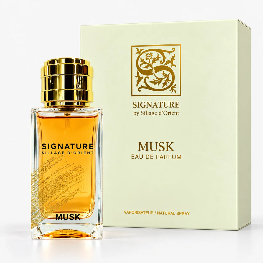 Signature Musk Eau De Parfum 100ml+15ml+Funnel (UNISEX) – bottle beside its pale green gift box