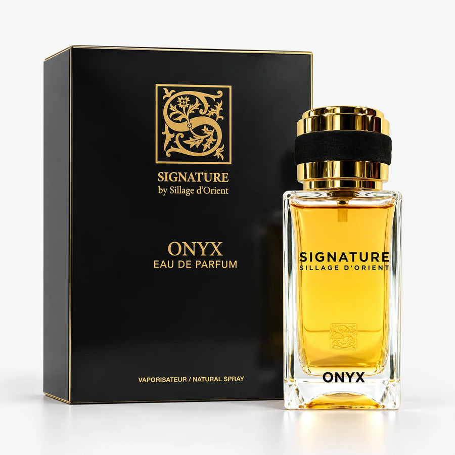 Signature Onyx Eau De Parfum 100ml+15ml+Funnel (UNISEX) – bottle beside its black gift box