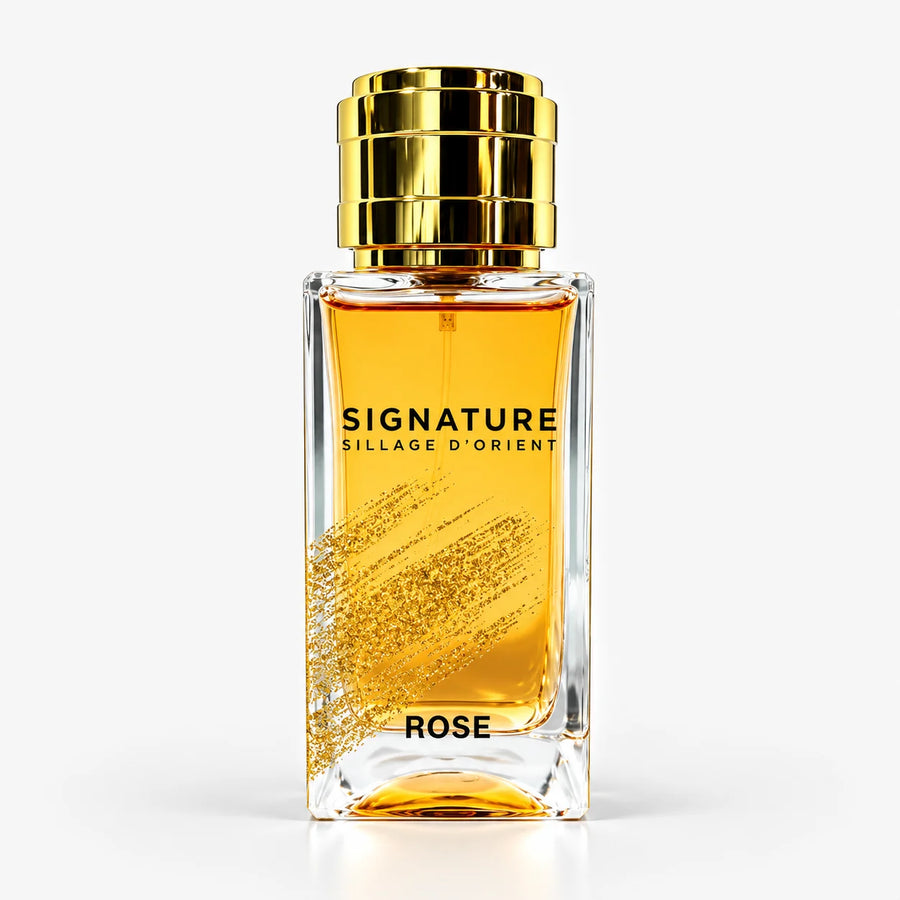 Signature Rose 100ml Edp +15ml Travel Spray – amber glass bottle with gold cap, front view