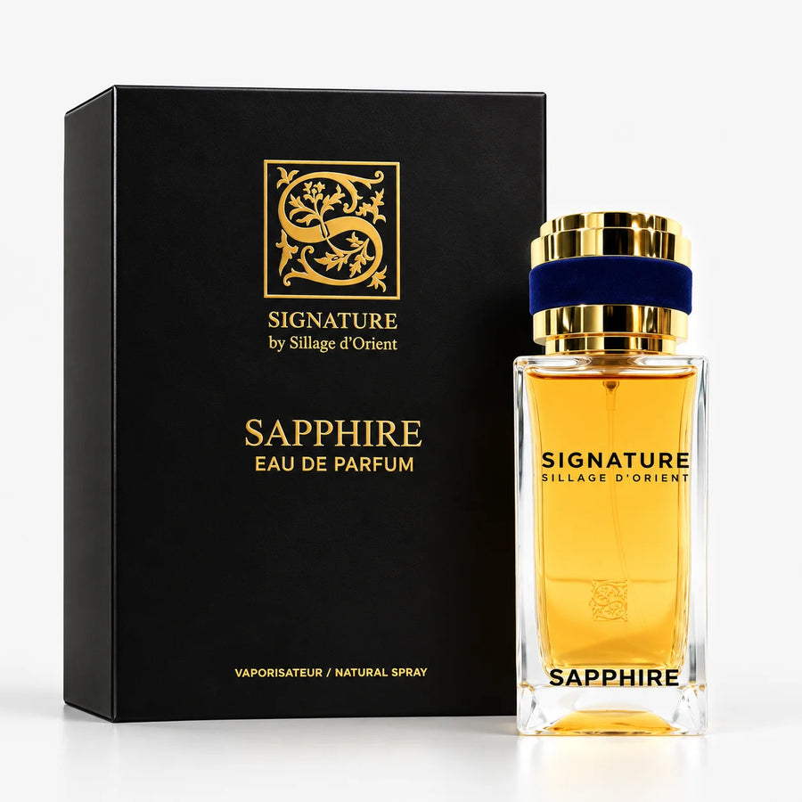 Signature Sapphire Eau De Parfum 100ml+15ml+Funnel (UNISEX) – bottle beside its black gift box