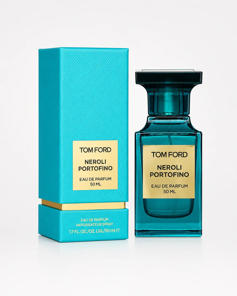 Tom Ford Neroli Portofino Eau de Parfum 50ml Unisex – bottle and turquoise box on a white background