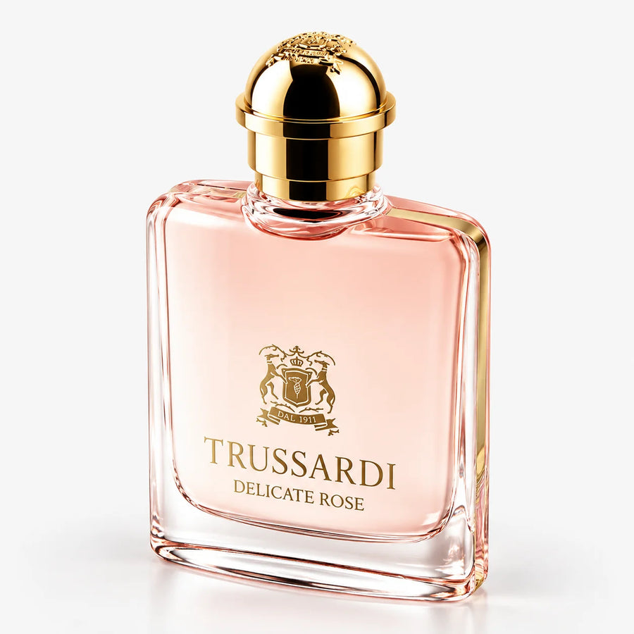 Trussardi Delicate Rose Eau de Toilette – pink glass bottle with gold cap, front view