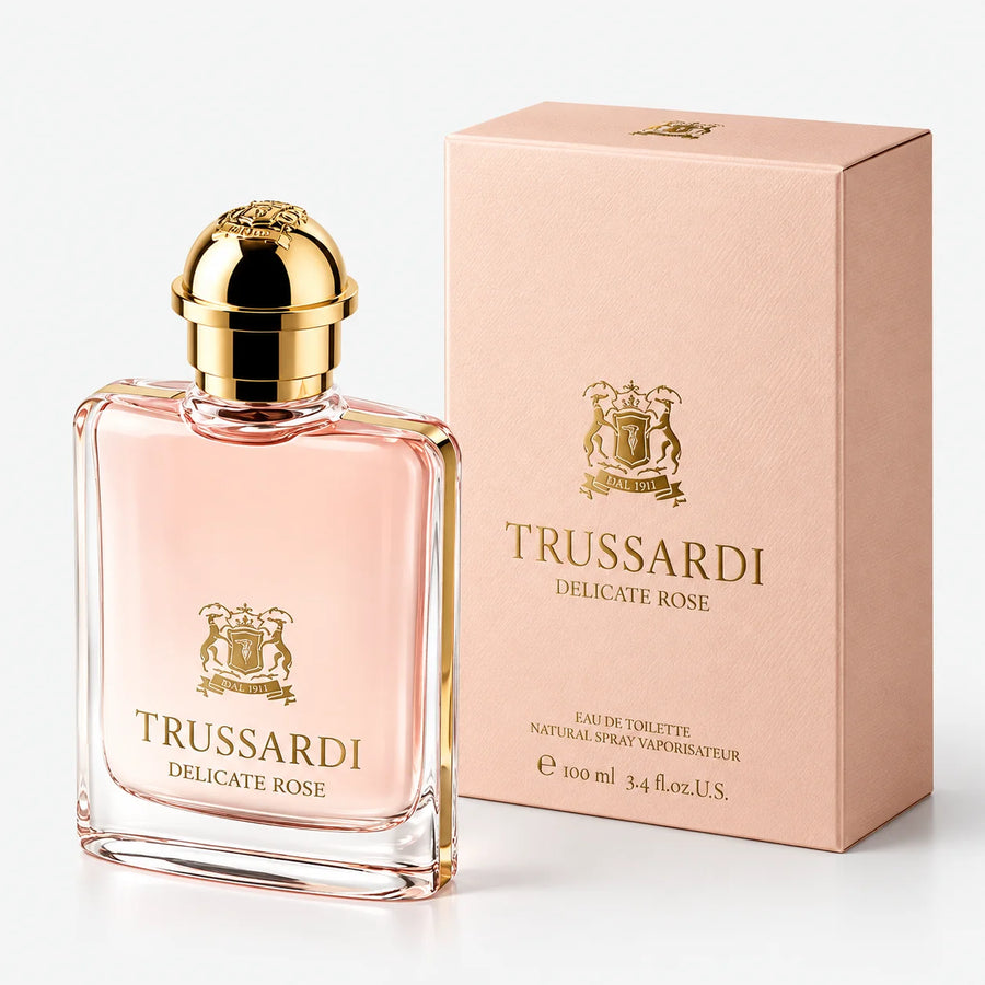 Trussardi Delicate Rose Eau de Toilette – 100 ml bottle beside its blush box