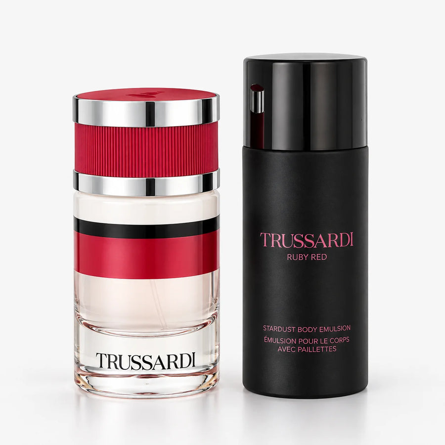 Trussardi Ruby Red Eau de Parfum Gift Set 60ml + Stardust Body Emulsion 125ml – perfume bottle and body emulsion side by side
