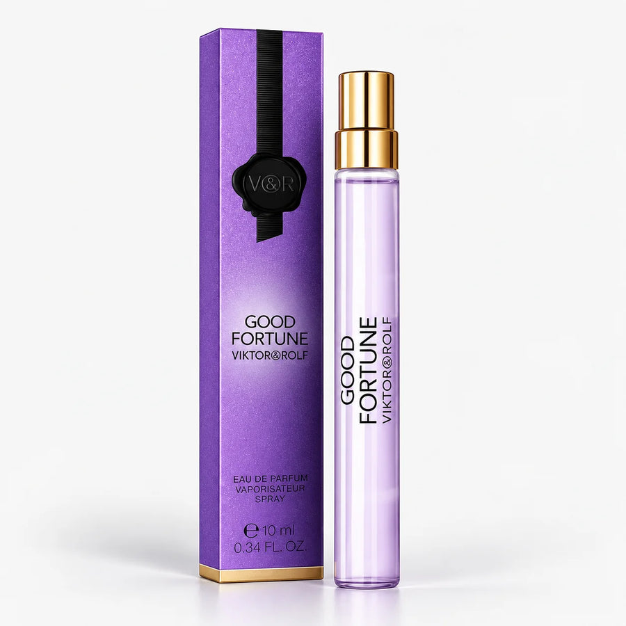 Viktor & Rolf Good Fortune Eau de Parfum 10ml Miniature – travel spray beside its purple box