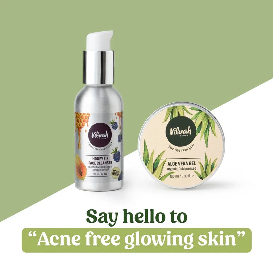 Vilvah Anti-Acne Kit – face cleanser bottle and aloe vera gel tin together