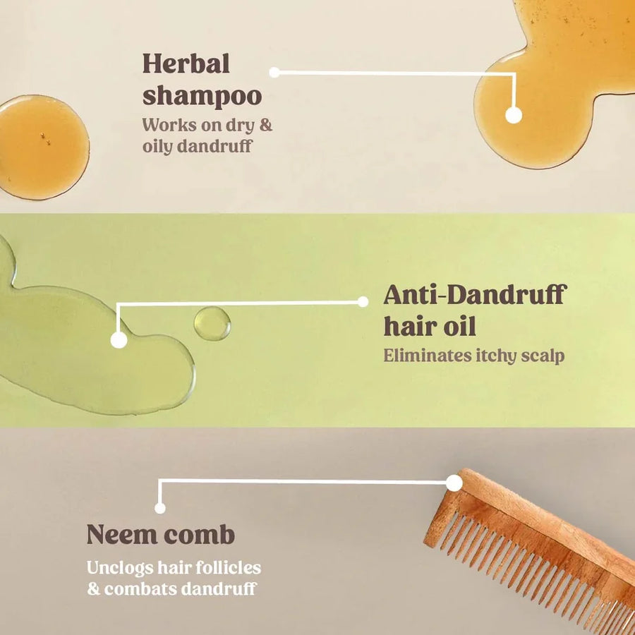 Vilvah Anti-Dandruff Haircare Kit – what each item does: shampoo, hair oil and neem comb