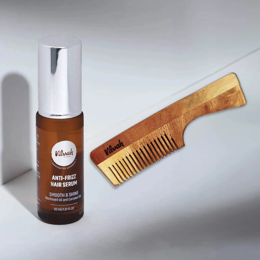 Vilvah Anti-Frizz Hair Kit – kit contents: Anti-Frizz Hair Serum and neem wood comb