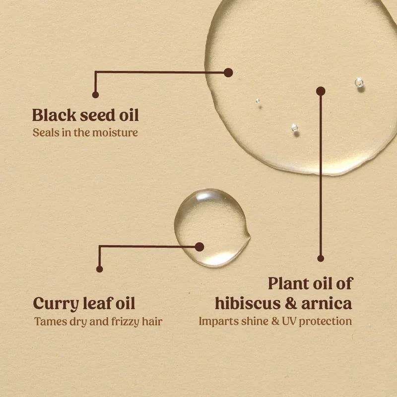 Vilvah Anti-Frizz Hair Serum 30ml – ingredients: black seed oil, curry leaf oil, hibiscus and arnica plant oil