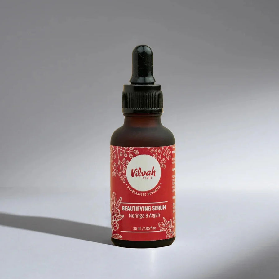 Vilvah Beautifying Serum – Moringa & Argan Oil 30ml – red dropper bottle on white