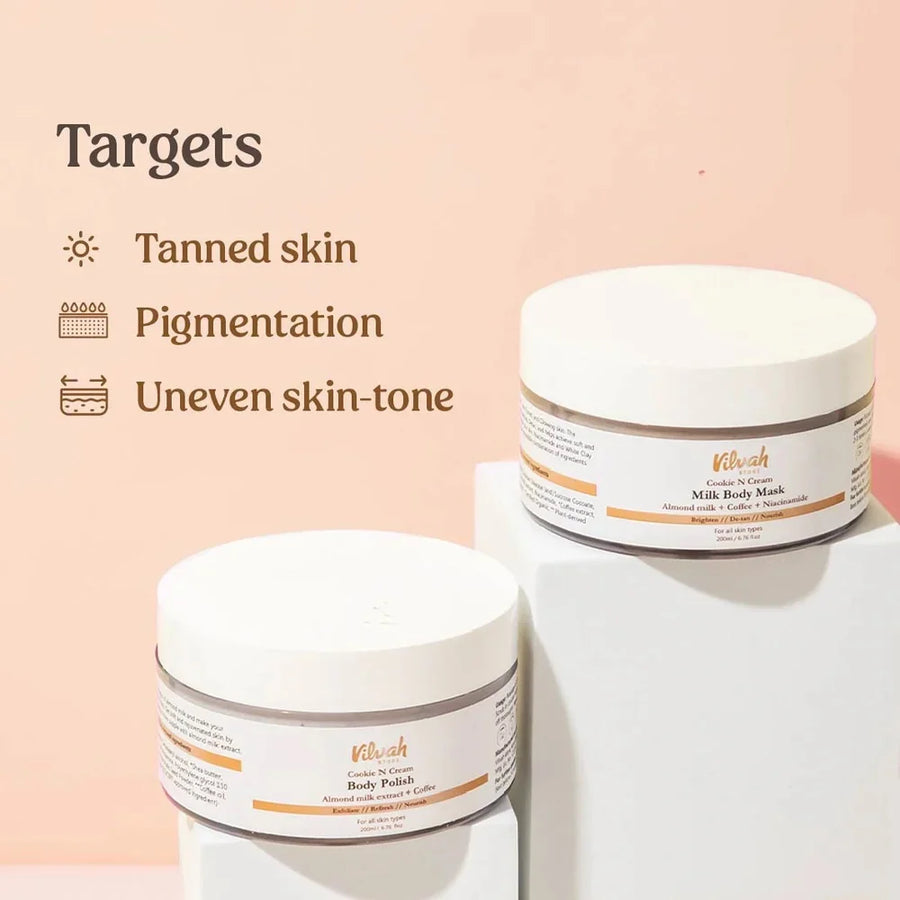 Vilvah Body Polishing Kit – both jars on white blocks, what the kit targets