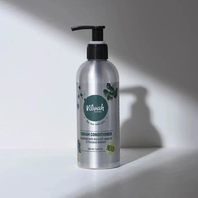Vilvah Cream Conditioner – aluminium pump bottle on a white background