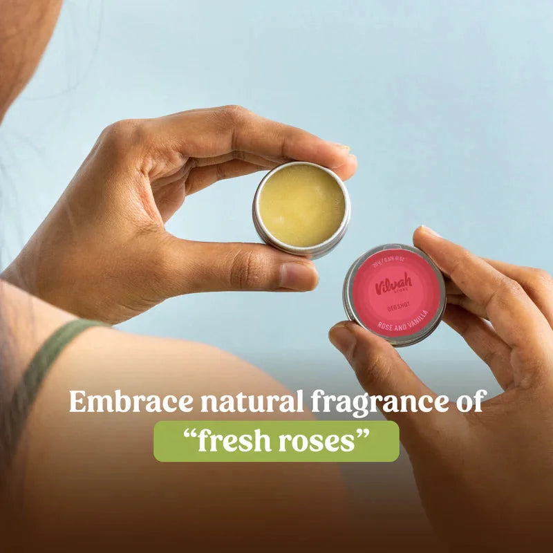 Vilvah Deo Shot Rose & Vanilla 20g – hand holding the open tin showing the balm