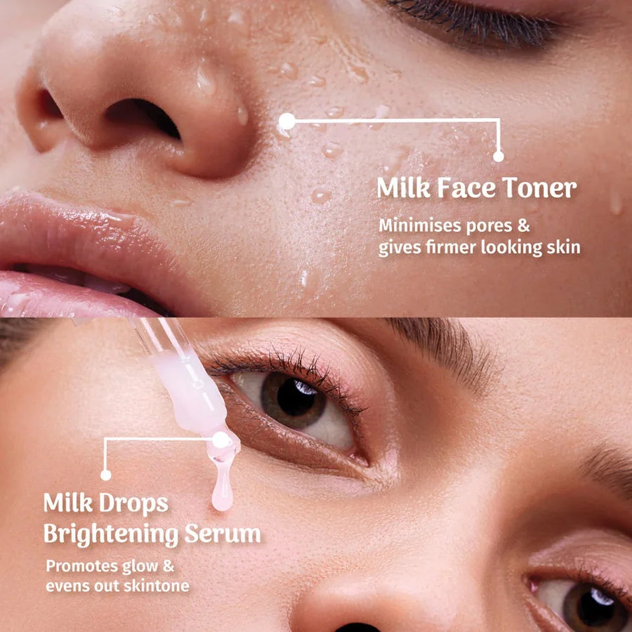 Vilvah Everyday Care Milk Kit – close-ups of toner and serum on skin