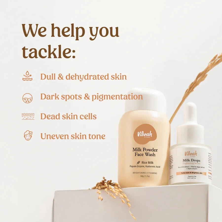 Vilvah Face Brightening Kit – kit contents: Milk Powder Face Wash and Milk Drops serum