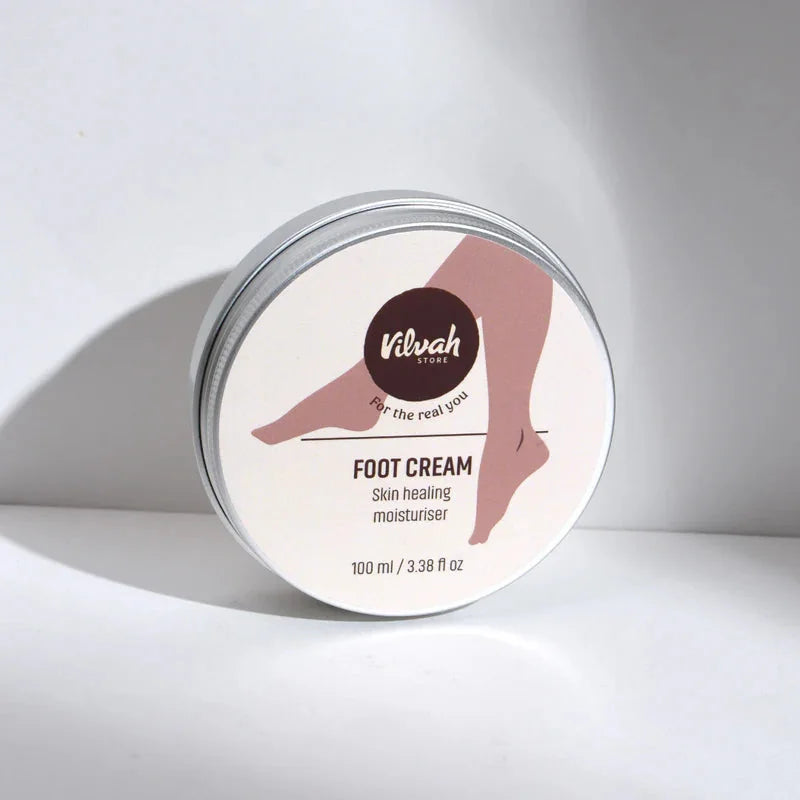 Vilvah Foot Care Cream 100ml – round tin of foot cream on a white surface