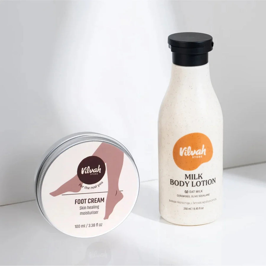 Vilvah Foot Cream & Body Lotion Kit – kit contents: Foot Cream tin and Milk Body Lotion bottle