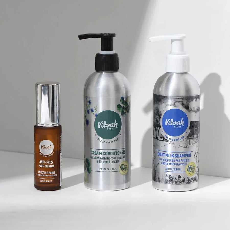 Vilvah Frizz Free Hair Kit – kit contents: Goat Milk Shampoo, Cream Conditioner and Anti-Frizz Hair Serum