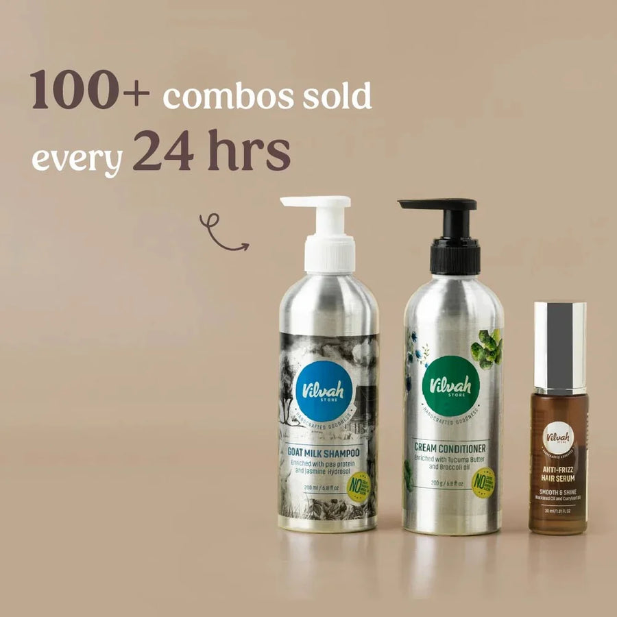 Vilvah Frizz Free Hair Kit – three bottles in a row, combos sold per day