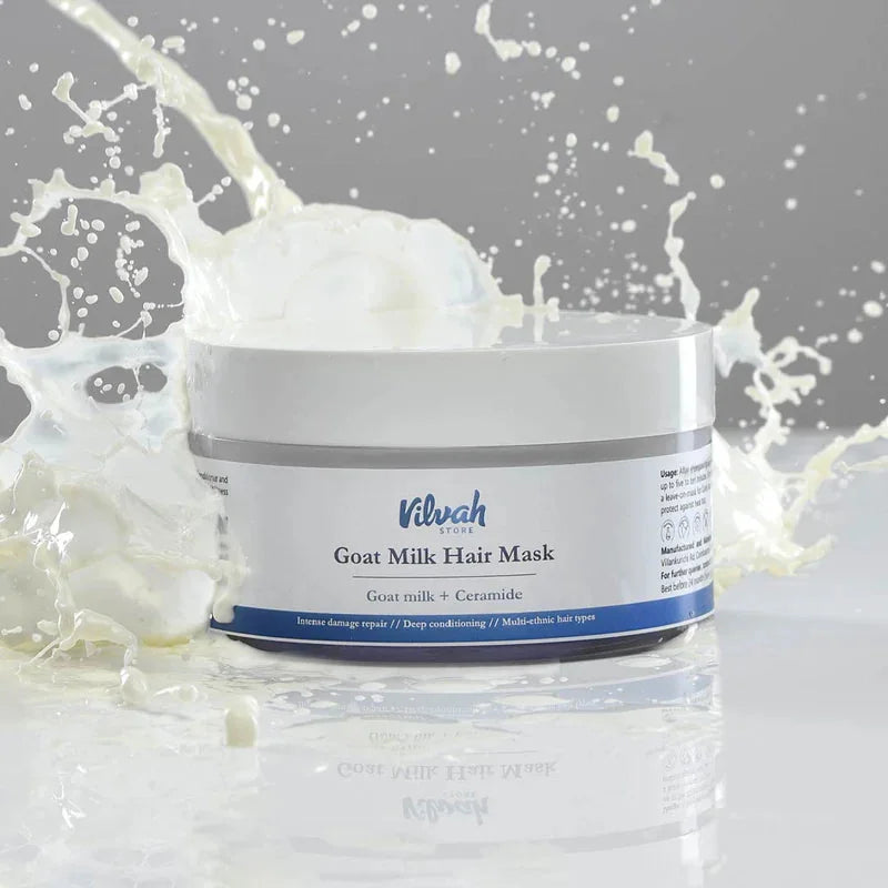 Vilvah Goat Milk Hair Mask 200g – jar in a milk splash