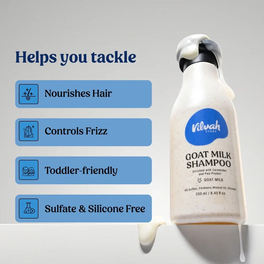 Vilvah Goat Milk Shampoo 250ML – bottle with key features: sulfate and silicone free, toddler-friendly