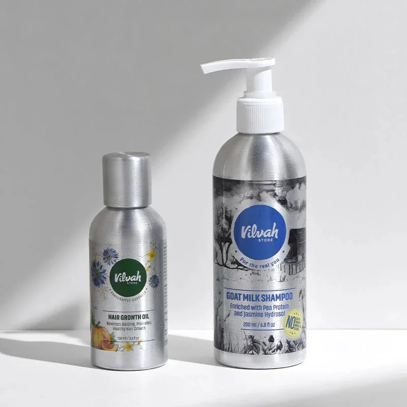 Vilvah Hair Strengthening Kit – kit contents: Hair Growth Oil and Goat Milk Shampoo