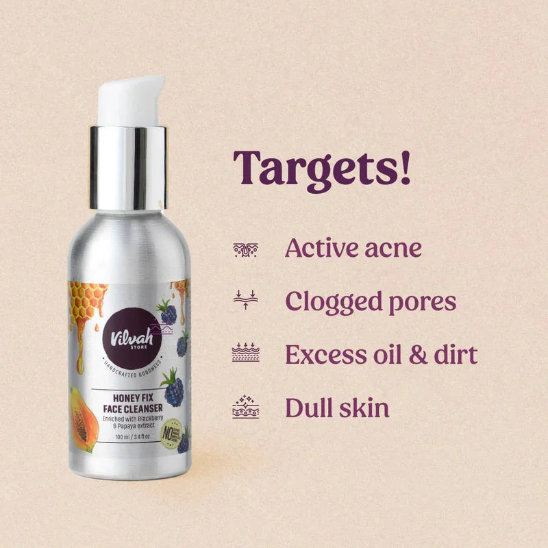 Vilvah Honey Face Wash 100ml – bottle beside a list of skin concerns it targets