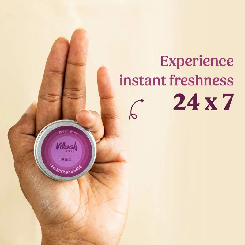 Vilvah Lavender & Sage Deo Shot 20g – tin held in an open palm, 24x7 freshness