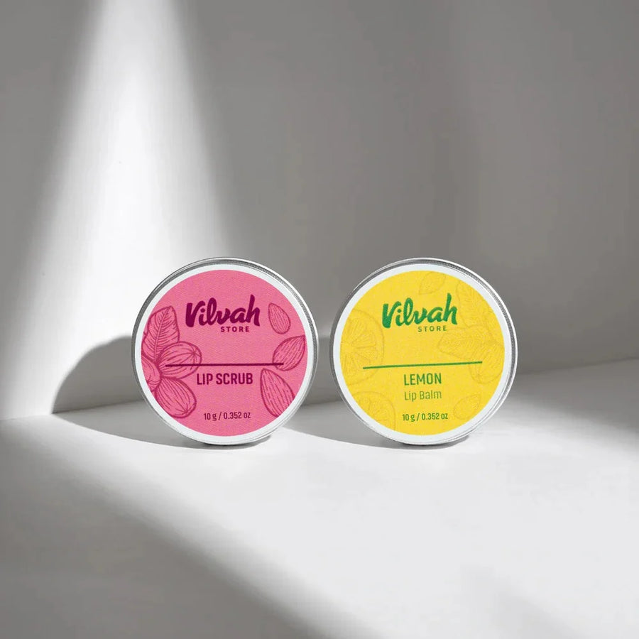 Vilvah Lip Lightening Kit – kit contents: Lip Scrub and Lemon Lip Balm tins