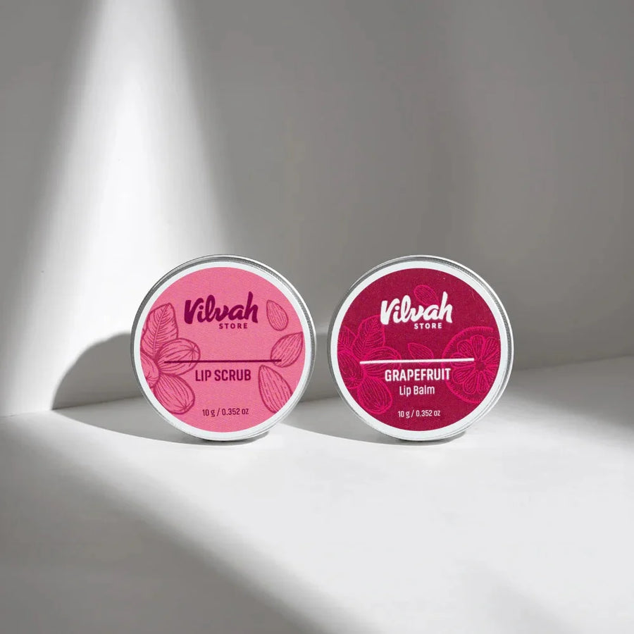 Vilvah Lip Nourishing Kit – kit contents: Lip Scrub and Grapefruit Lip Balm tins